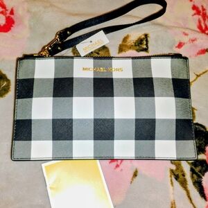 Michael Kors Black and White Plaid Wristlet